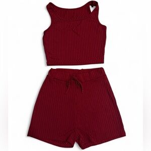 Red Ribbed Crop Top and Shorts Set